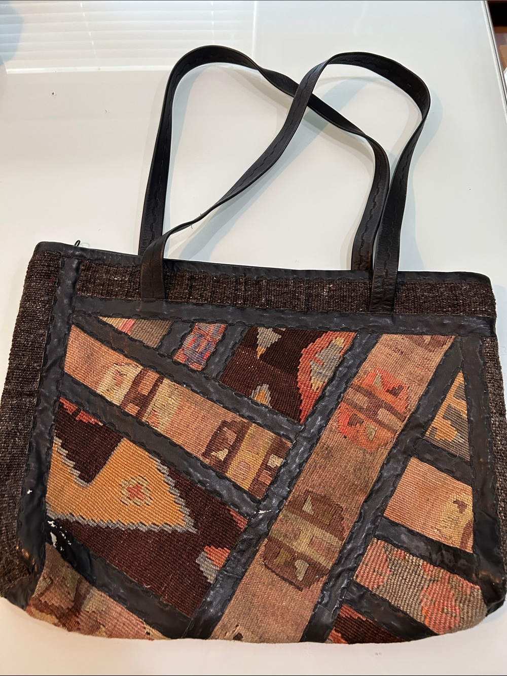 Vintage ? Handmade  wool kilim and leather LARGE tote Joan & David
